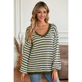 Stripe Crochet Color Block V Neck Knit Sweater