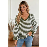 Stripe Crochet Color Block V Neck Knit Sweater