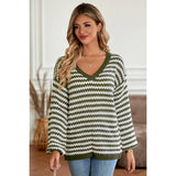 Stripe Crochet Color Block V Neck Knit Sweater