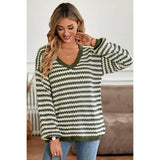 Stripe Crochet Color Block V Neck Knit Sweater