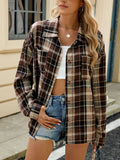 Collar Long Sleeved Pocket Button Checkered Top