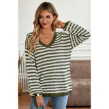 Stripe Crochet Color Block V Neck Knit Sweater